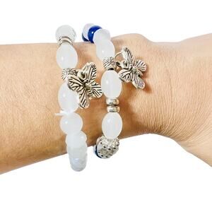 Chinese Style Glass Bead Double Bracelet Metal Butterfly Charms White Blue
